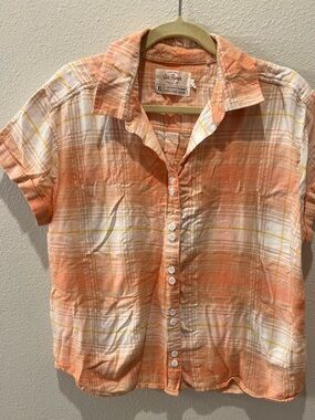 Orange Plaid Short-Sleeve Button-Down Shirt - XL organic cotton. Fair trade
